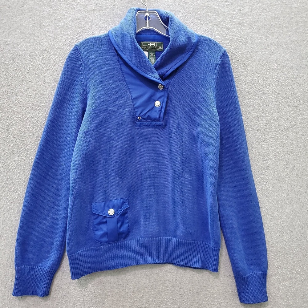 LRL‎ Lauren Ralph Lauren Women Sweater Large Blue Pockets Long Sleeve Snap Shawl